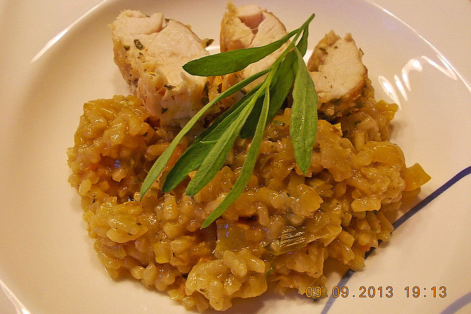 Estragon-Honig Hähnchenfilets mit Lauch-Zucchini Risotto