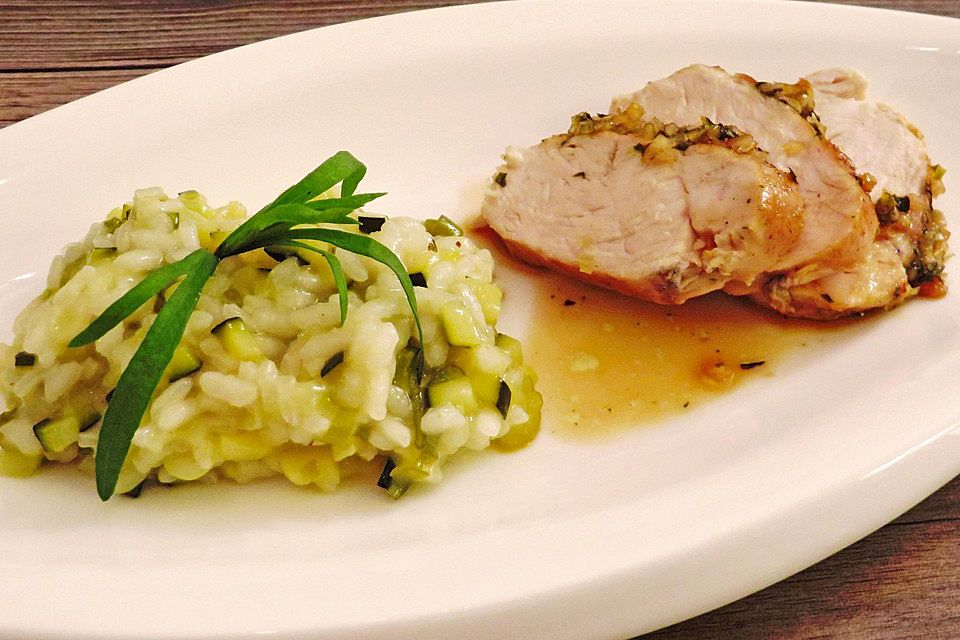 Estragon-Honig Hähnchenfilets mit Lauch-Zucchini Risotto