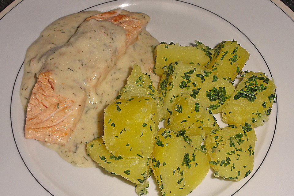 Lachs mit Zitronen-Dill Soße und Petersilienkartöffelchen