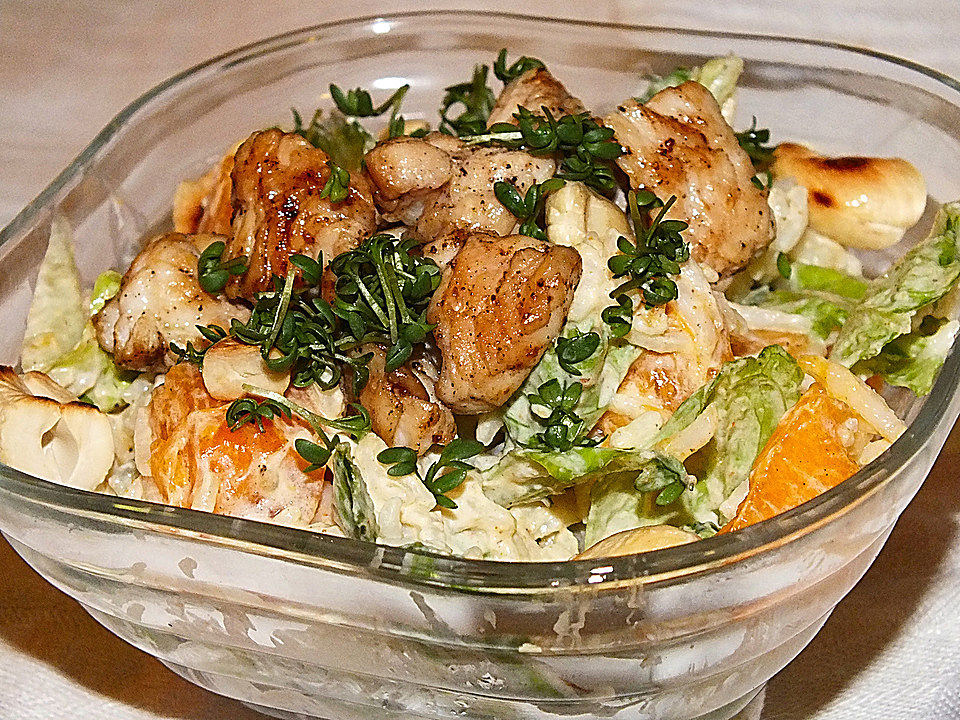 Salat mit Reis, Hühnchen und Kaki von katie24697| Chefkoch