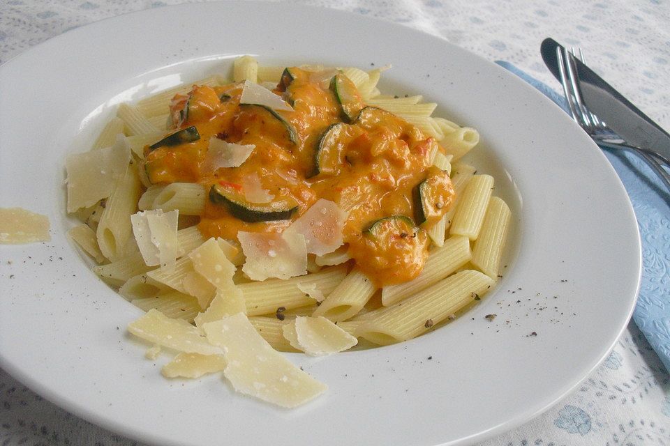 Penne in Paprika-Sahne-Soße mit Zucchini und Parmesan