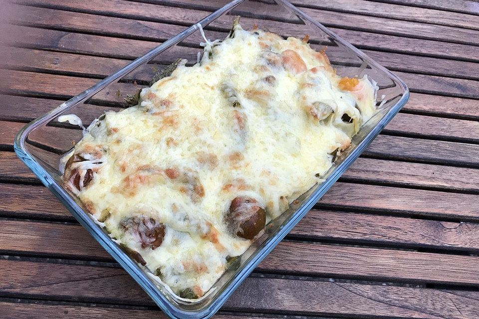 Maultaschenauflauf mit Buschbohnen und Cocktailtomaten