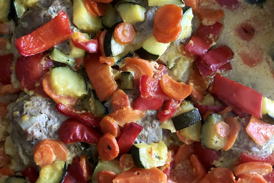 Curryhackbällchen mit Paprika, Zucchini und Karotten