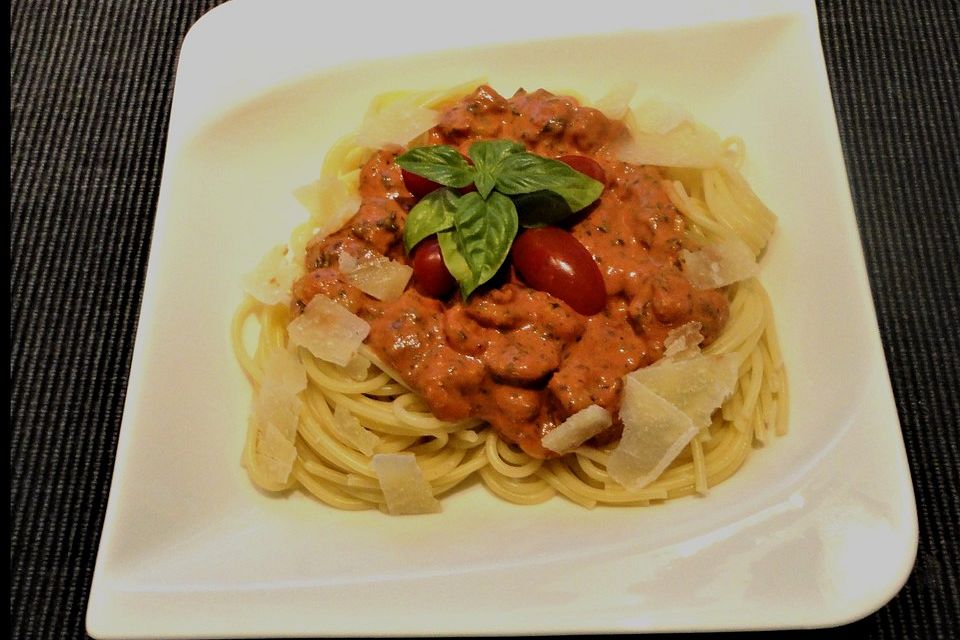 Spaghetti mit Krabben an einer Tomaten-Sahne-Knoblauch Sauce