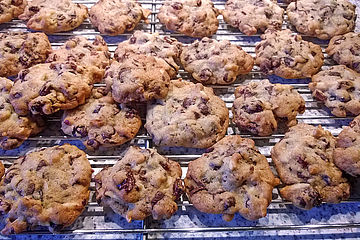 Amerikanische Chocolate Chip Cookies mit Rosinen, Pekannüssen und Mandeln