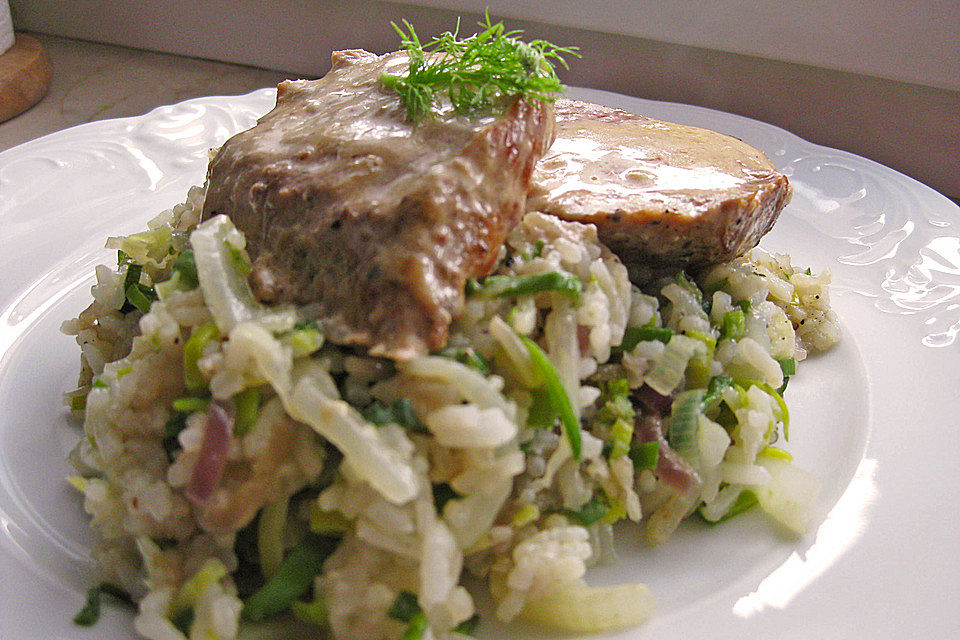 Schweinefilet auf Fenchel-Porree-Risotto