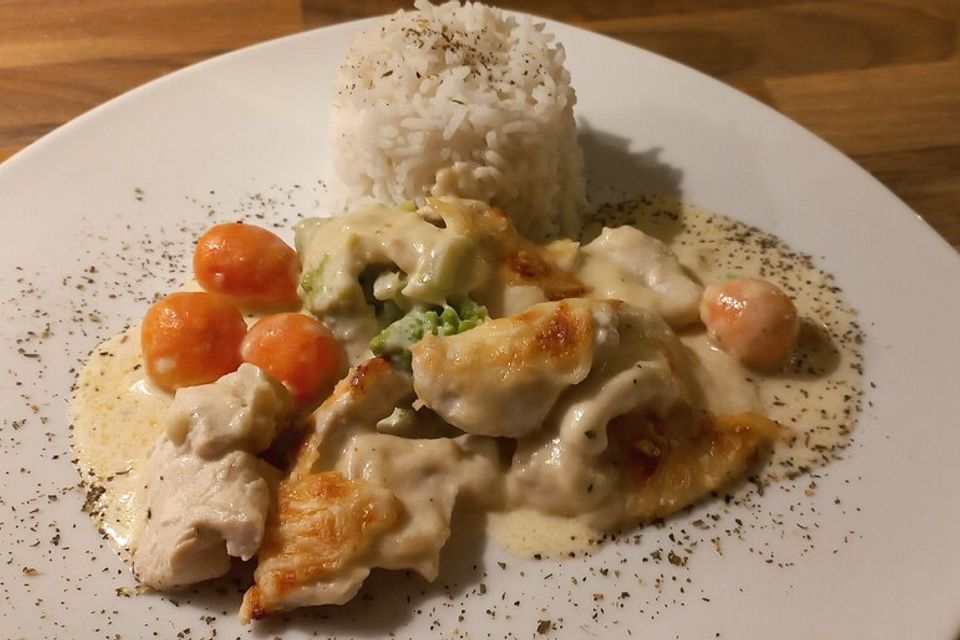 Kartoffelauflauf mit Blumenkohl und Hähnchenfilet in Bechamelsoße