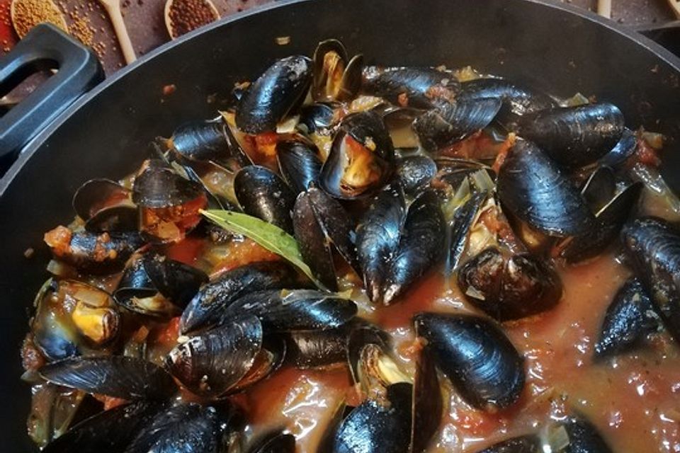 Miesmuscheln in pikanter, italienischer Tomaten-Knoblauchsauce