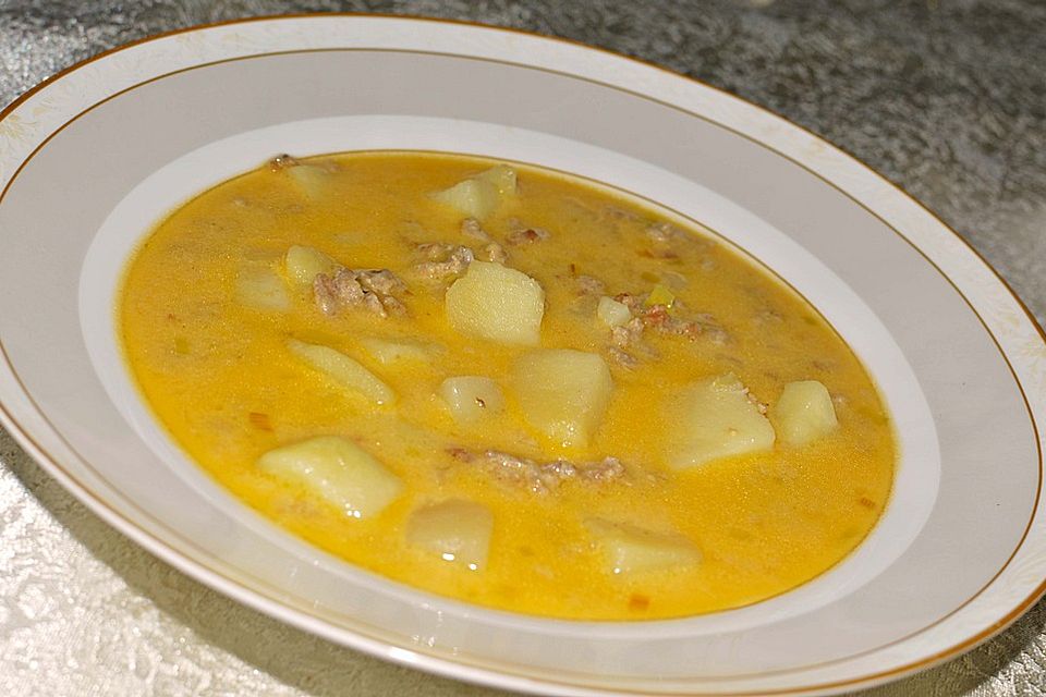 Hackfleisch-Käse-Lauch-Suppe mit Kartoffeln