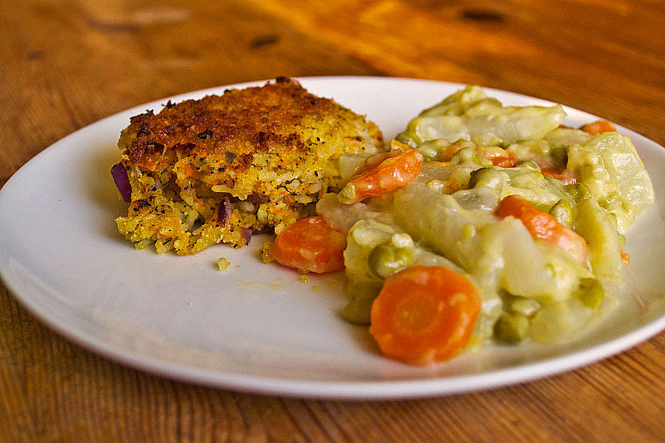 Goinfrex vegetarische Reis-Wurzel-Bratlinge in weißer Soße