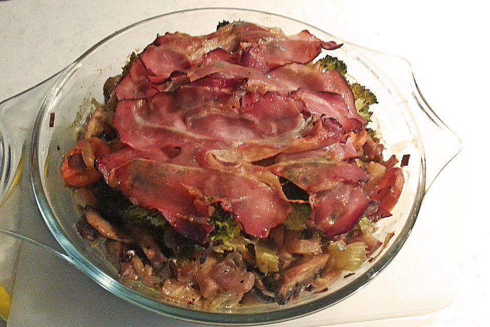 Gebratene Champignons mit Brokkoli und Parmaschinken