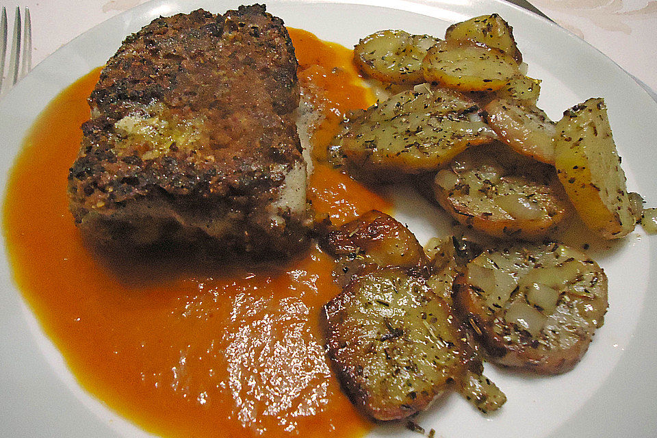 Panierte Schweinsfußterrine mit Peperonisauce - aus der spanischen Küche