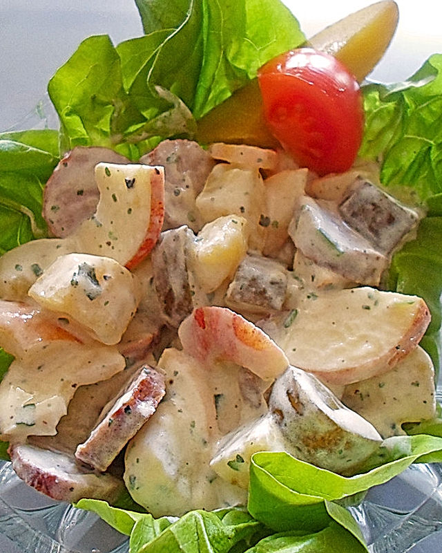 Pellkartoffel-Apfel-Bratwurst-Gurkensticks Salat auf grünen Blättern