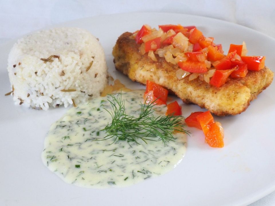 Paniertes Seelachsfilet mit Paprika-Zwiebeldecke von Crinaeae | Chefkoch
