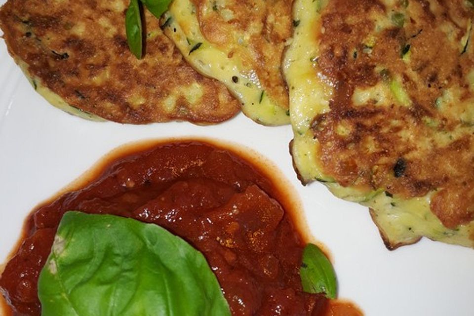 Zucchini-Ricotta-Puffer mit buntem Tomatensalat