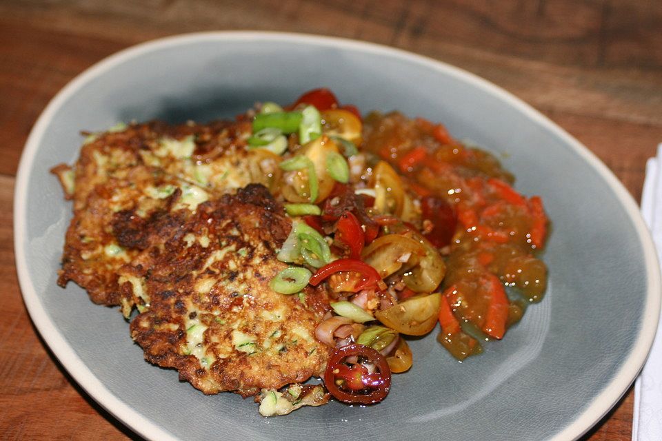 Zucchini-Ricotta-Puffer mit buntem Tomatensalat