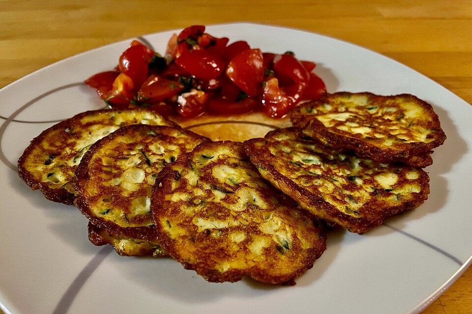 Zucchini-Ricotta-Puffer mit buntem Tomatensalat