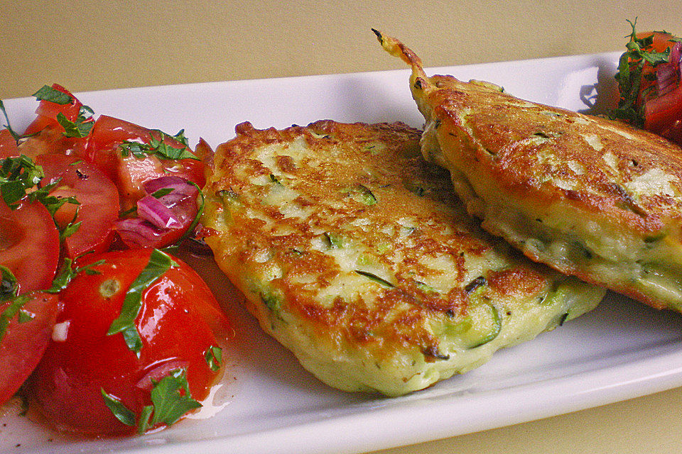 Zucchini-Ricotta-Puffer mit buntem Tomatensalat