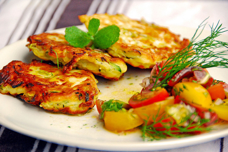 Zucchini-Ricotta-Puffer mit buntem Tomatensalat