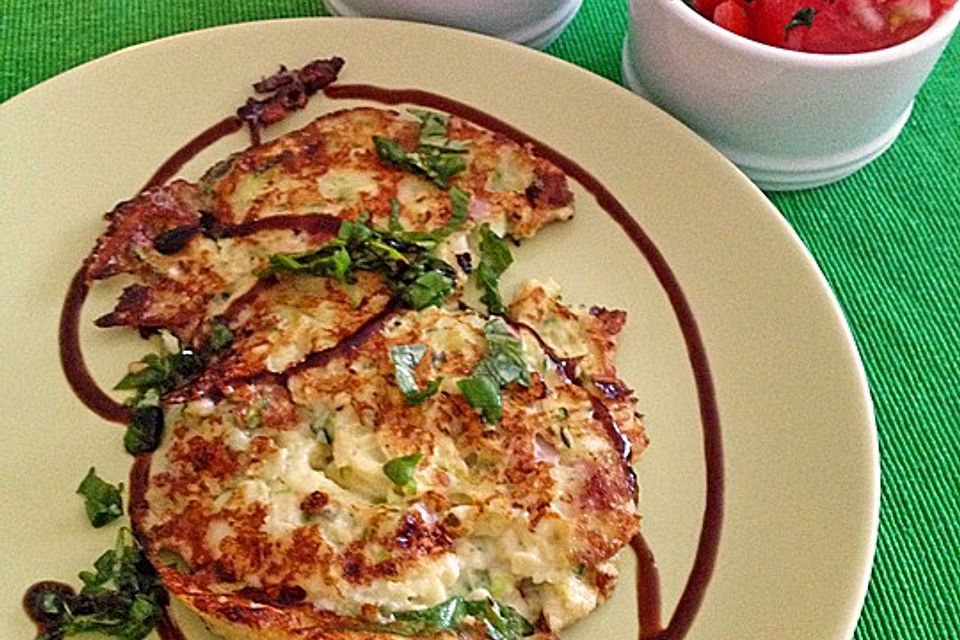 Zucchini-Ricotta-Puffer mit buntem Tomatensalat