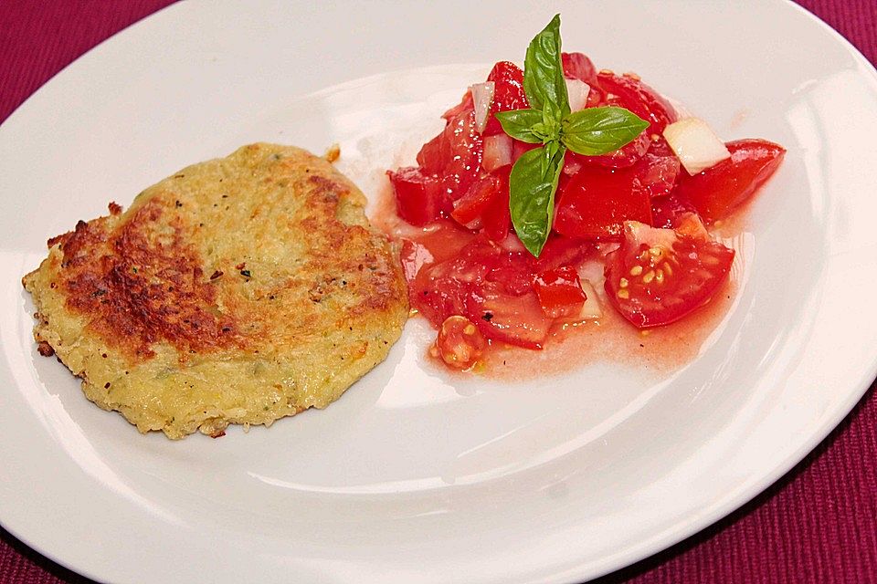 Zucchini-Ricotta-Puffer mit buntem Tomatensalat