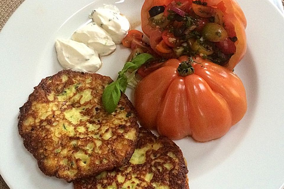 Zucchini-Ricotta-Puffer mit buntem Tomatensalat