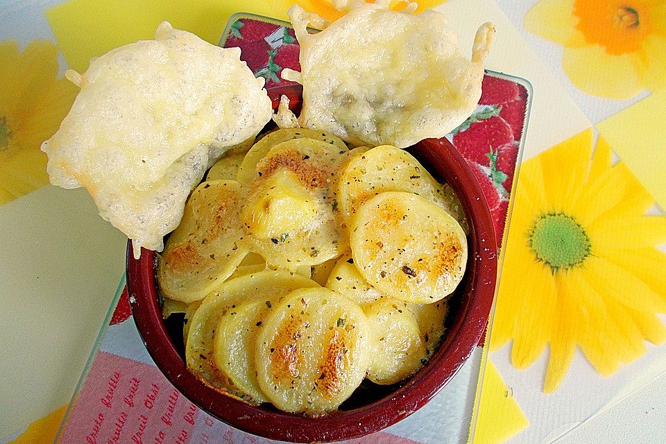 Kleine Kartoffelgratins mit Käsechips