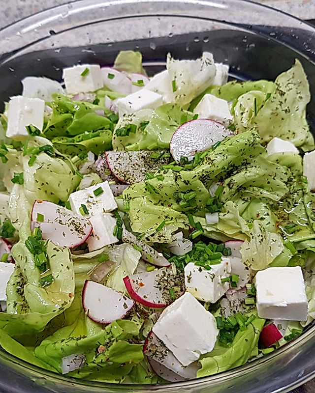 Bunter Salat mit Radieschen, Fetakäse, Walnüssen und Gartenkräuter-Vinaigrette