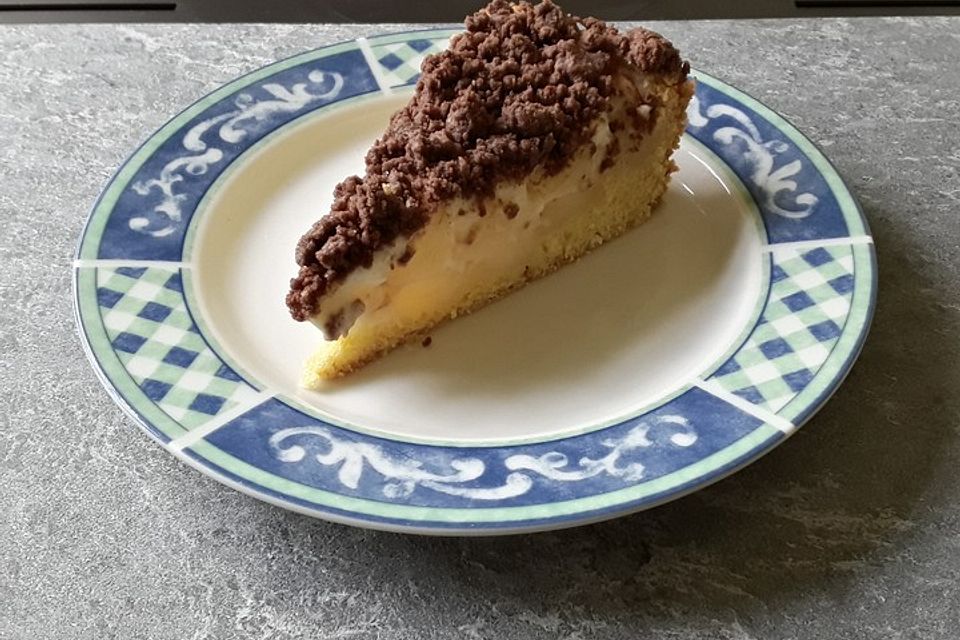 Apfelkuchen mit Pudding und Kakao-Zimt-Streuseln