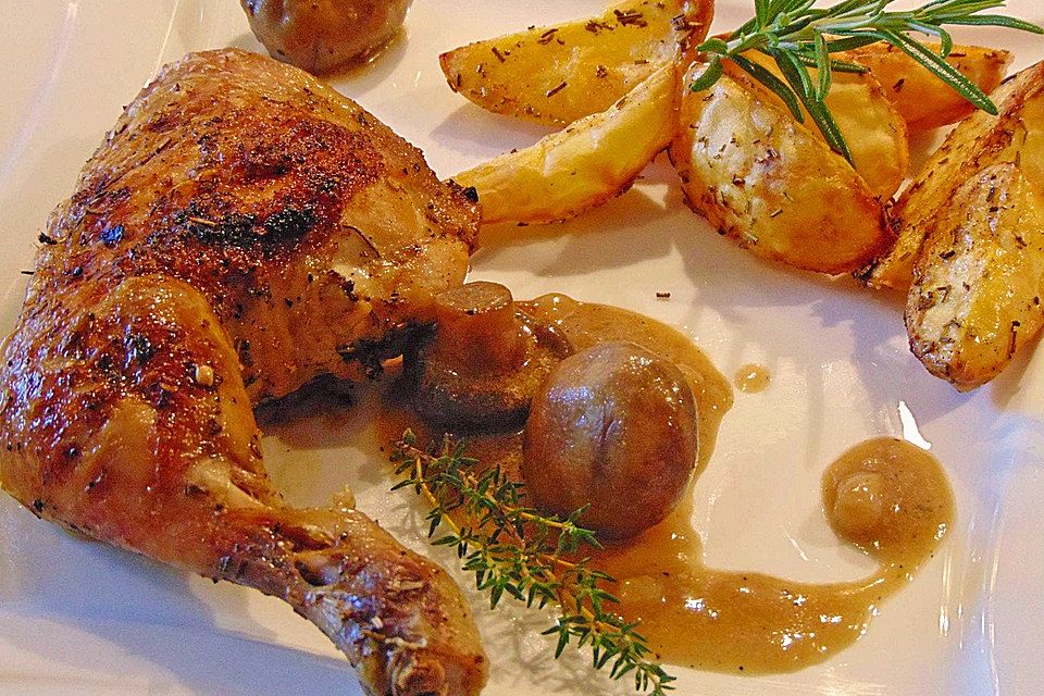 Knusprige Hähnchenschenkel mit Kräutern der Provence an Rosmarinkartoffeln und Pilzsauce