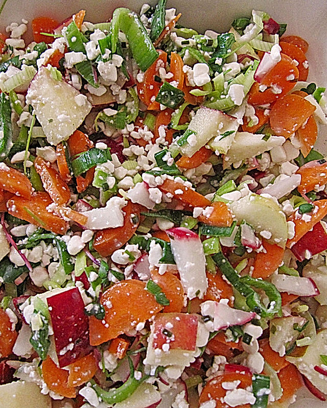 Frühlingssalat mit Karotten, Gurke, Kohlrabi, Apfel und Sprossen