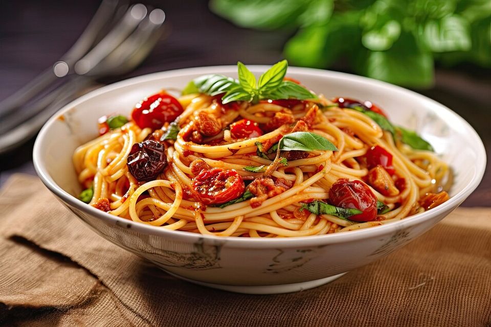 Spaghettisalat mit Knoblauch und getrockneten Tomaten