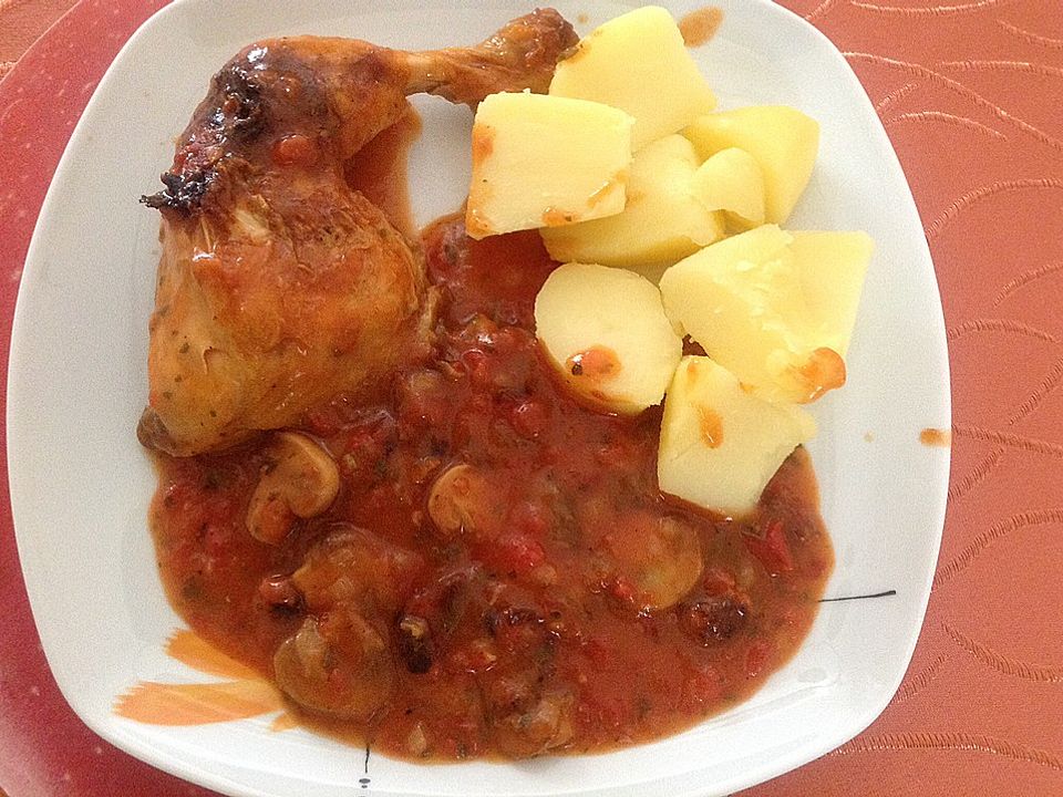 Geschmorte Hähnchenschenkel mit Champignons und Tomaten von die ...