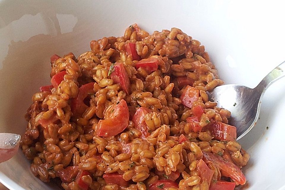 Cremiger Dinkel mit Tomaten, Feta und Frischkäse