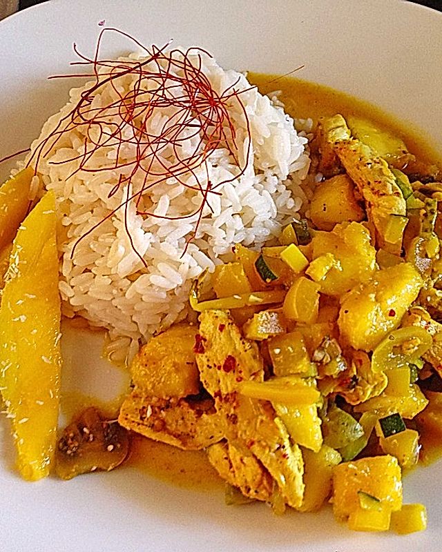 Hühnchen-Gemüse-Curry mit Mango und Reis