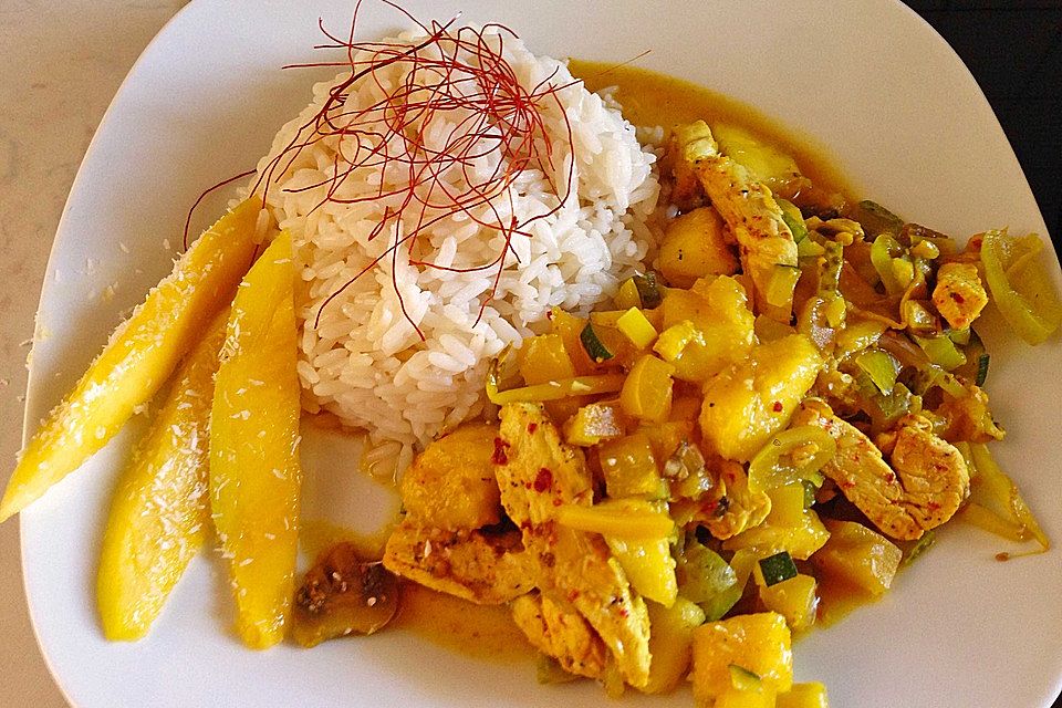 Hühnchen-Gemüse-Curry mit Mango und Reis