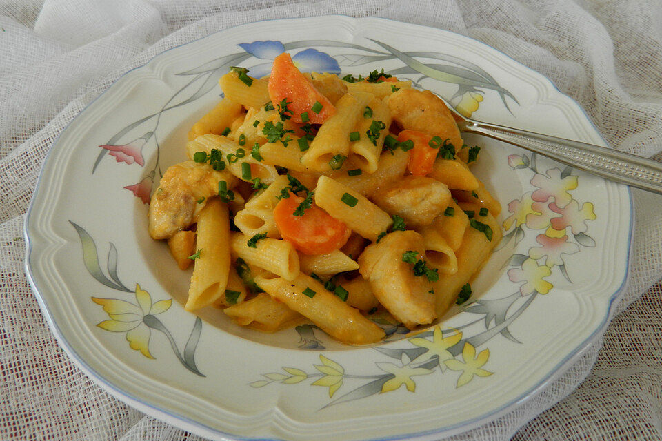 Pasta mit Hähnchenbrustwürfeln in einer Möhren-Honig-Sahnesauce