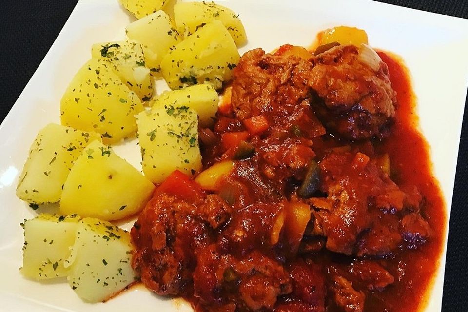 Veganes bzw. vegetarisches Gulasch mit Sojawürfeln und Paprika