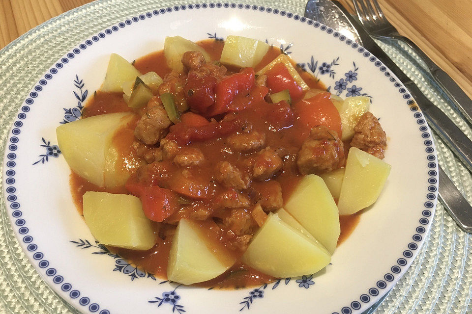 Veganes bzw. vegetarisches Gulasch mit Sojawürfeln und Paprika