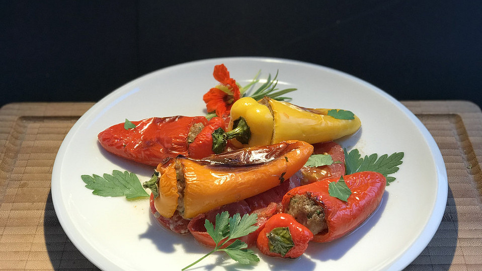 Gefüllte Mini-Paprika auf Tomatenbett von Minimouse66 Gefüllte Mini-Paprika auf Tomatenbett von Minimouse66