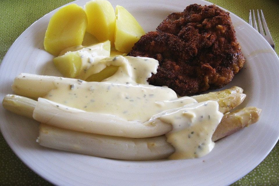 Spargel mit Sauce Hollandaise, Schinken und Kartoffeln