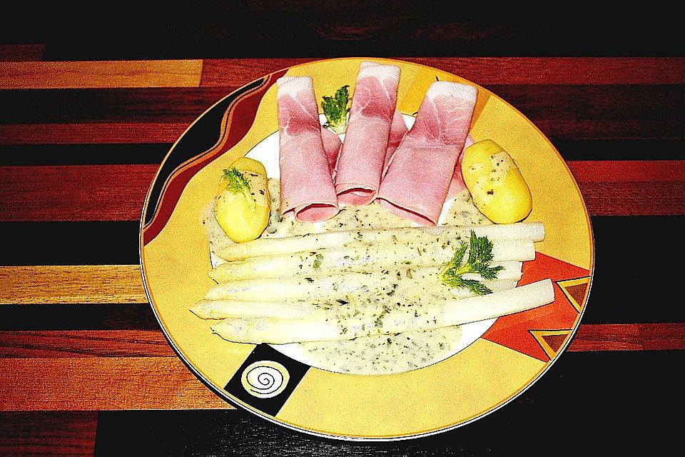 Spargel mit Sauce Hollandaise, Schinken und Kartoffeln