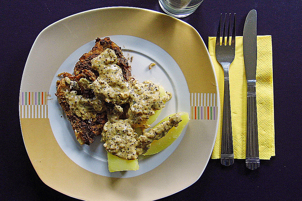 Fischfilet mit Olivenkruste und Senfsauce