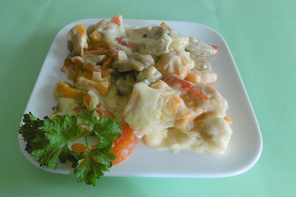 Süßkartoffelauflauf mit Champignons und Paprika