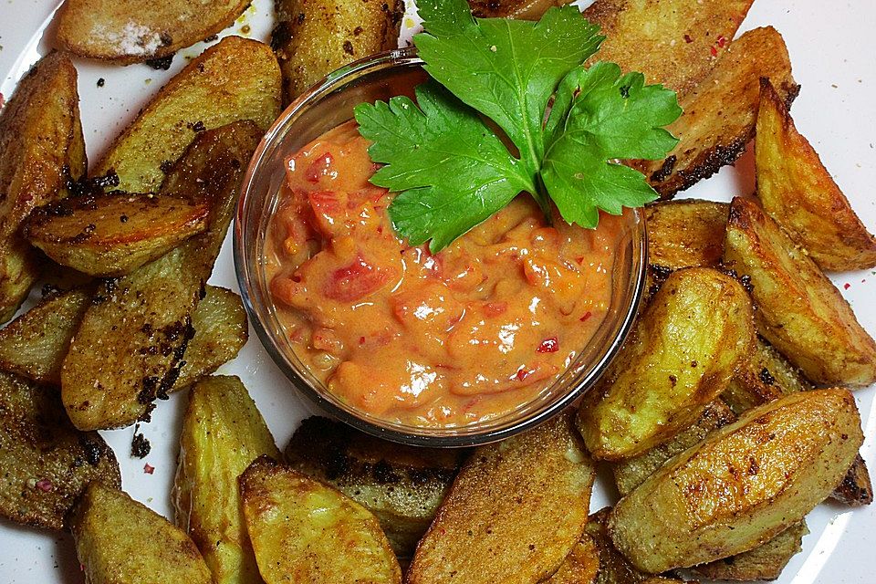 Kartoffelspalten mit süß-scharfem Tomaten-Dip