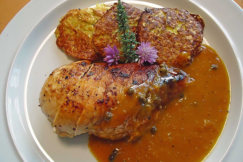 Glasierte Pouletbrust an einer Pfeffer-Orangen-Sauce