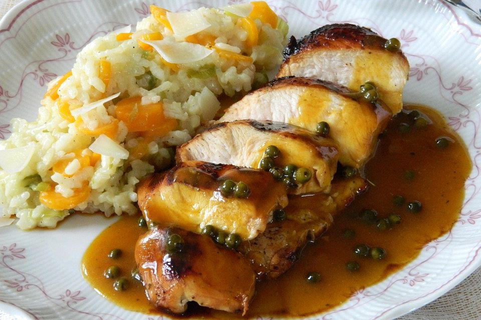 Glasierte Pouletbrust an einer Pfeffer-Orangen-Sauce