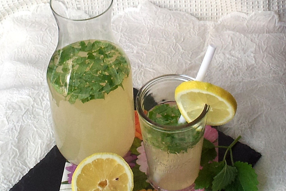 Zitronenlimonade mit Zitronenmelisse und Rohrzucker