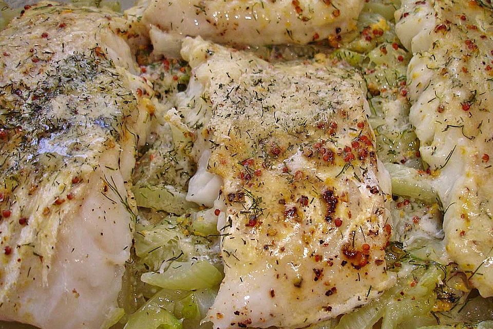 Fischfilet auf Fenchel in Butter-Senf-Sauce