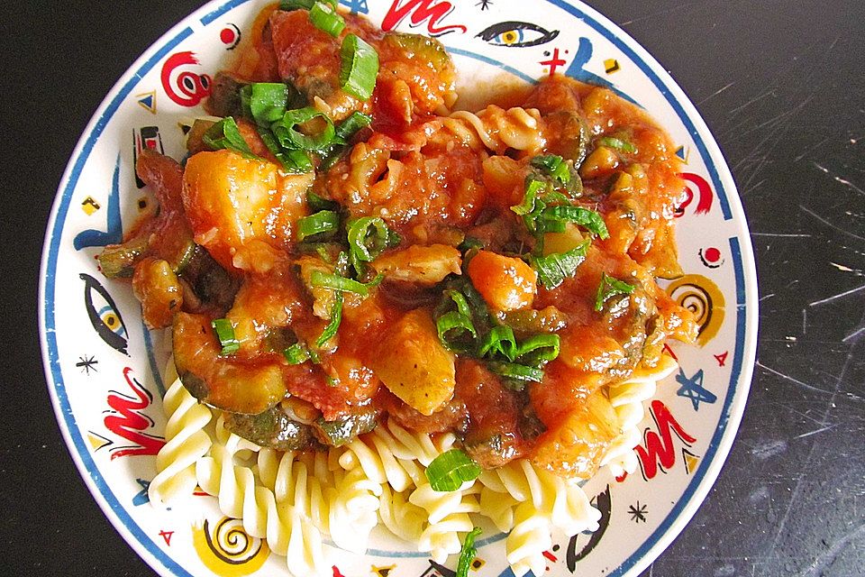 Zucchini-Kartoffel-Eintopf mediterran mit Spirelli-Nudeln